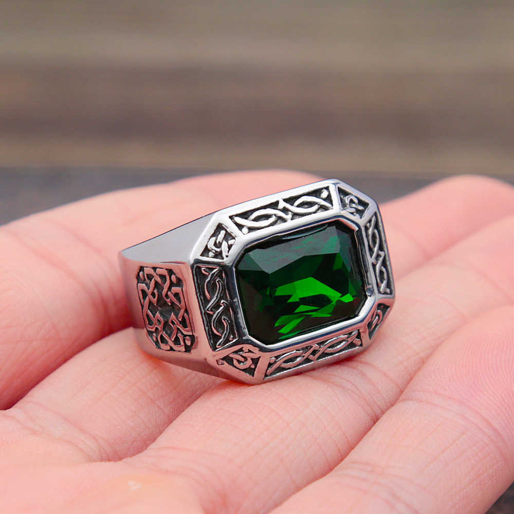 Cluster Ringe Punk Hip Hop Kreative Quadrat Grün Stein Ring Männer Frauen Edelstahl Retro Nordic Irish Celtics Knoten Ringe schmuck Geschenk G230228