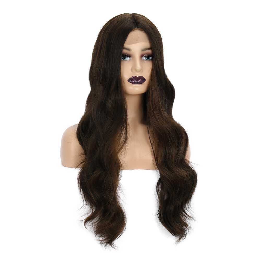 Hot selling wig female small front lace black brown long curly hair large wave chemical fiber headwear wigs 230301