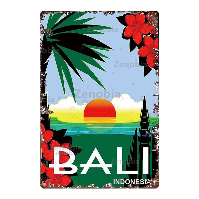 Bali Malaysia Travel Metal Poster Vintage Metal Tin Sign Paysage Shabby Tin Plates Plaque Retro Fer Peinture Man Cave Décoration Home Wall Decor Taille 30X20CM w01