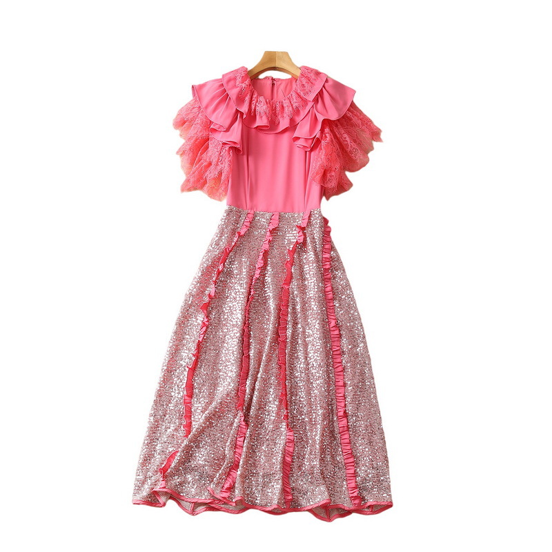 2023 printemps rose couleur unie lambrissé robe à manches courtes col rond paillettes midi robes décontractées S3F281130 grande taille XXL