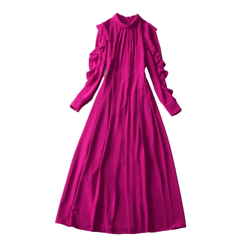 2023 Spring Purple Solid Color Ruffle Dress Long Sleeve Stand Collar Panelled Midi Casual Dresses S3F280104 Plus Size XXL