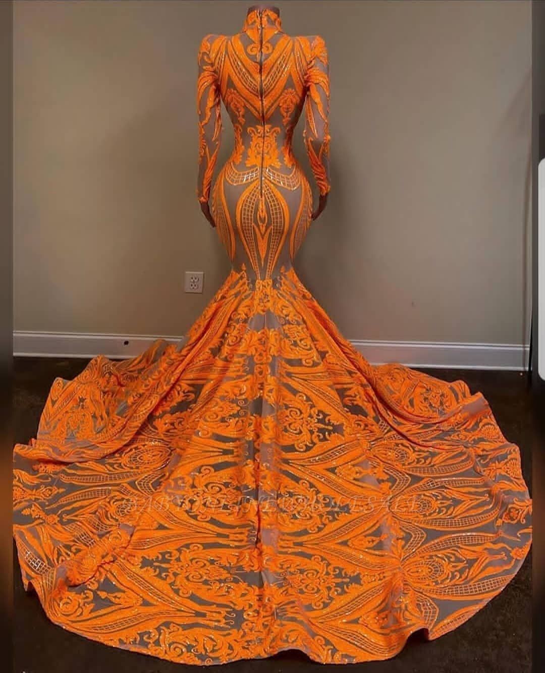 Élégant Orange en dentelle Sirène des robes de bal de bal à manches longues vintage Applications d'illusion à manches longues pour adolescents Gradu2969212