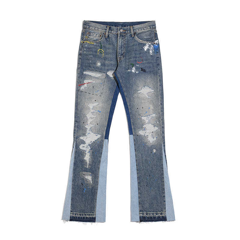 Mäns jeans high street retro bläck stänk lapptäcke rippade flare byxor män och kvinnor rak avslappnad överdimensionerade lösa denimbyxor y2303