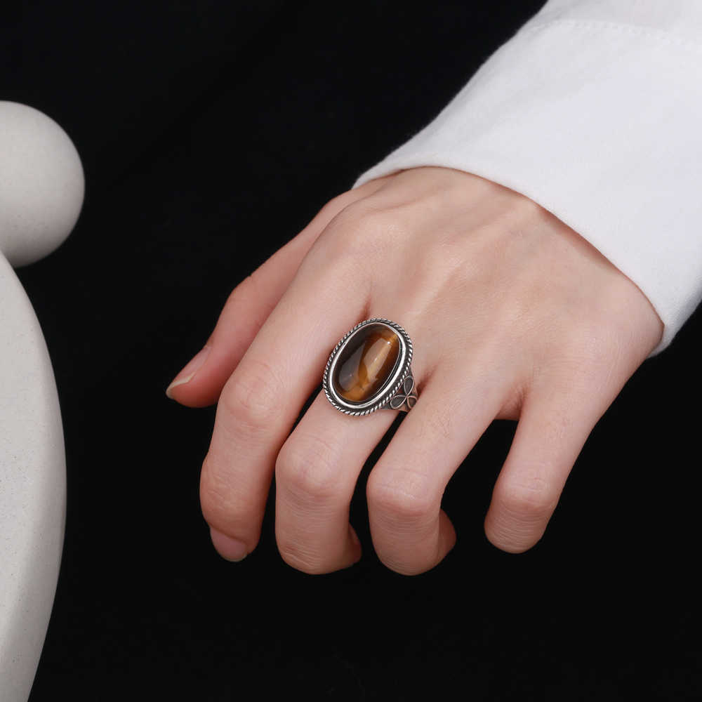 Cluster Rings Oval Large Natural Tiger Eye Rings 925 Sterling Silver Jewelry for Women Vintage Engagement Wedding Anniversary Gift G230228