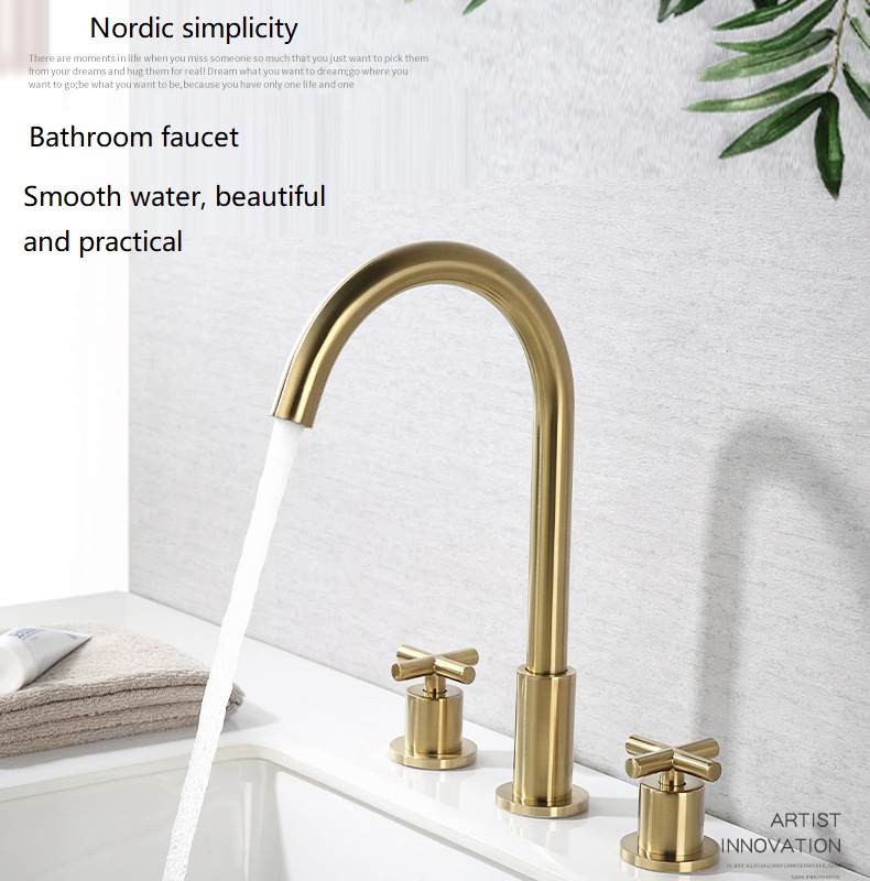 Wire drawing gold separate faucet Hot and cold separate basin faucet three holes bathroom counter pure copper vegetable basin faucet wholesale