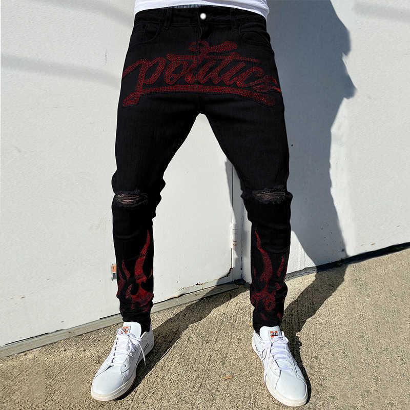 Men's Jeans Quilted Embroidered jeans Skinny Ripped Grid Stretch Denim Pants MAN Elastic Waist Patchwork Jogging Trousers Y2303