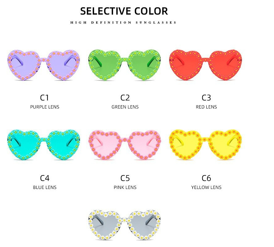 Lunettes de soleil coeur d'amour fleurs diamantées lunettes de soleil couleur gelée monture sans monture lunettes éblouissante teinte colorée lentille claire lunettes