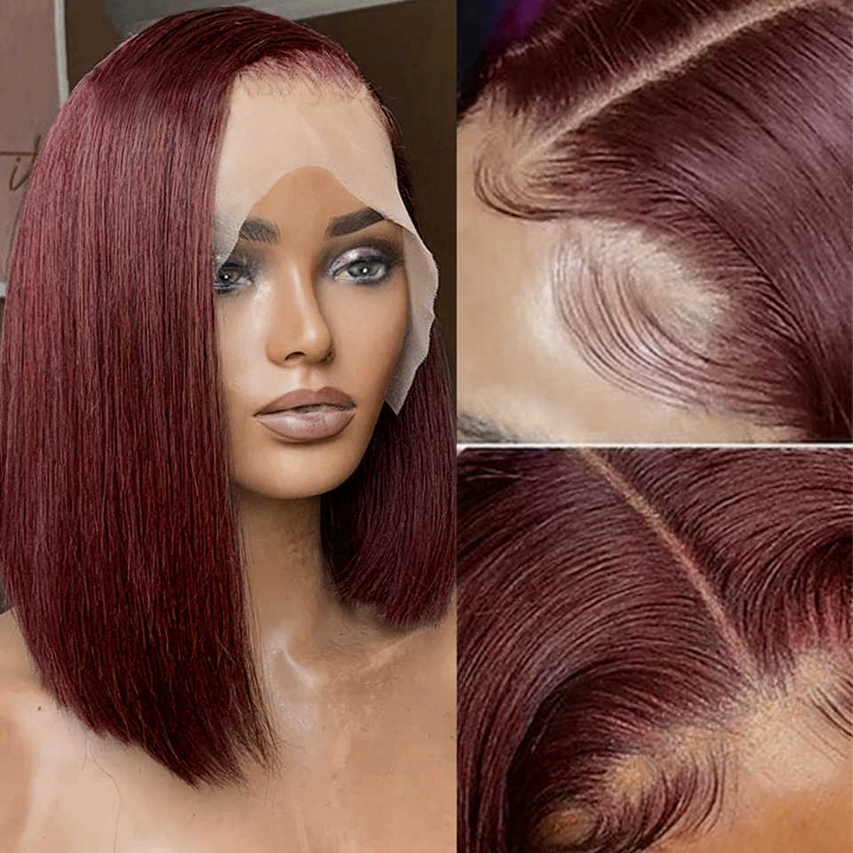 Pelucas sintéticas 99j Borgoña Corto Bob Peluca 13x4 Frente de encaje S para mujeres negras Cabello humano brasileño Rojo resaltado Color t Parte 230227