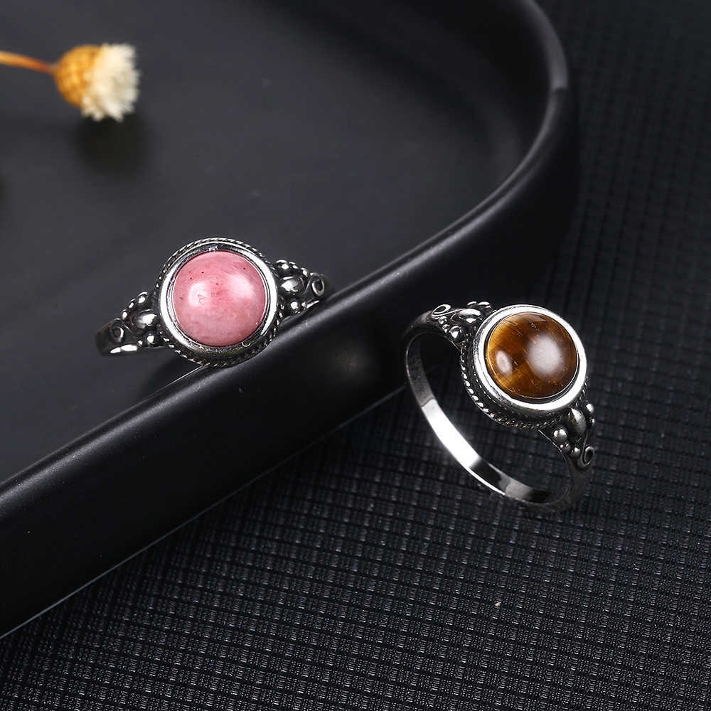 Cluster Rings Retro Natural Round 8mm Rhodochrosite Tiger Eye Ring for Women 925 Sterling Silver Party Jewelry Ring Engagement Wedding Present G230228