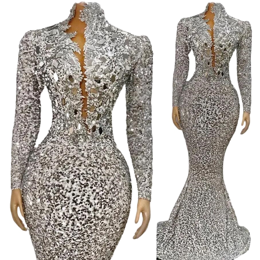 2023 silver paljetter sjöjungfru aftonklänningar långa ärmar gillter pärlstav aso ebi tillfälle bär arabisk prom klänning vestidos