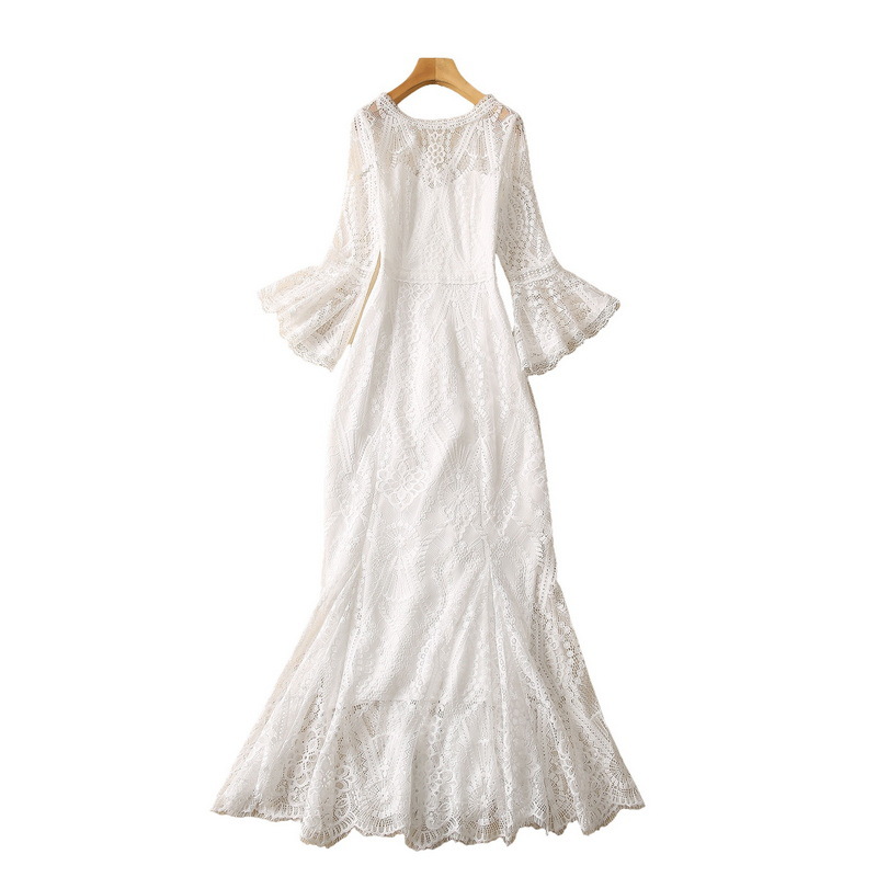 2023 Bahar Beyaz Çiçek Dantel Denizkızı Elbise 3/4 Kol V Yastığı Uzun Günlük Elbiseler S3F280216 PLUS BOYUTU XXL