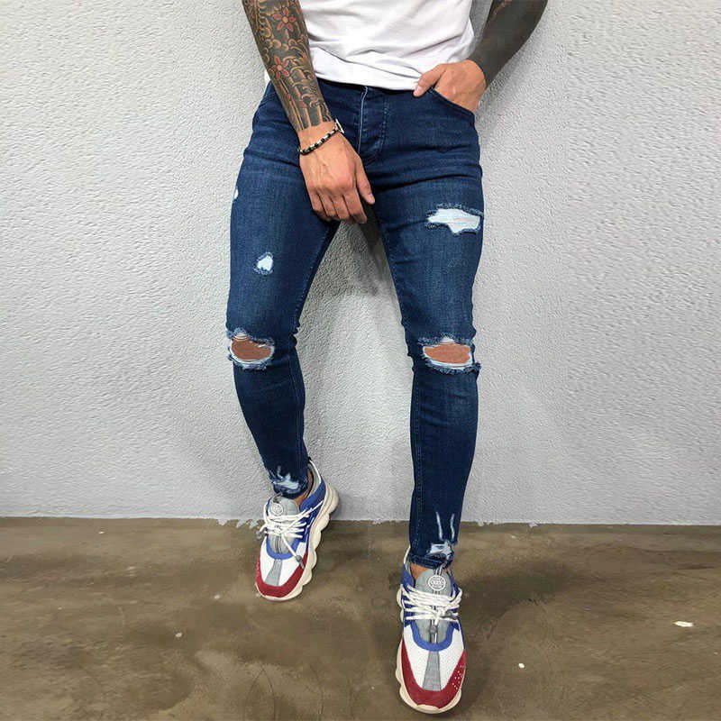 Men's Jeans Men Knee Hole Ripped Stretch Skinny Denim Pants Solid Color Black Blue Autumn Summer Hip-Hop Style Slim Fit Trousers S-4XL Y2303