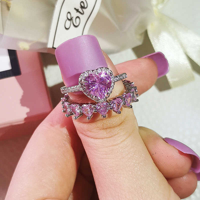 Cluster Rings 2023 New Trendy Heart Original silver color bride Wedding Ring Set For Women Lady Anniversary Gift Jewelry Wholesale R5690-PINK G230228