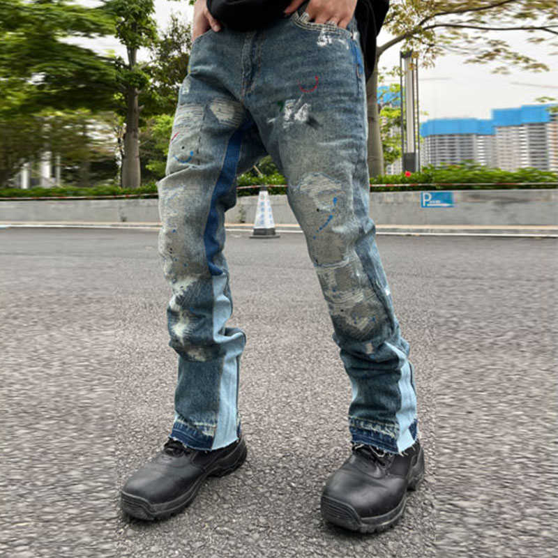 Mäns jeans high street retro bläck stänk lapptäcke rippade flare byxor män och kvinnor rak avslappnad överdimensionerade lösa denimbyxor y2303
