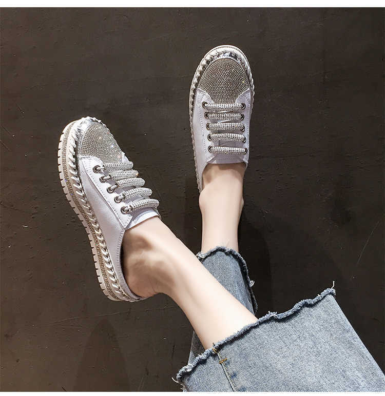 Dress Shoes 2022 New Flat Platform Half Slippers Women Summer Couple Bling Mules Crystals Lace-up Shoes Slides Plus Size 42 43 L230302