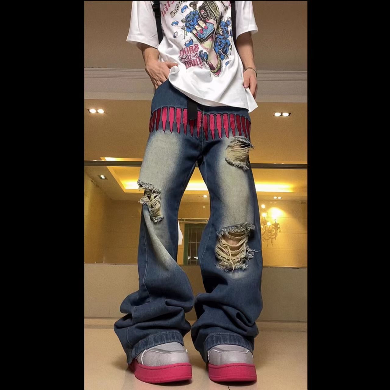 Men's Jeans High street embroidery ripped straight men jeans men and women American hip-hop retro loose wide-leg pants baggy jeans 230302