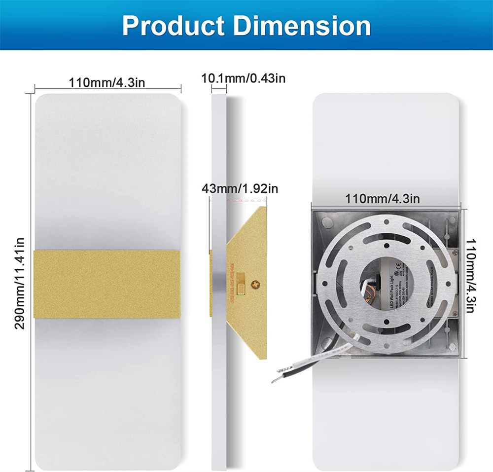 Tokili akryl vägglampa hardwired aluminium LED -ljus 12W 5 ccts ljusstyrka dimbar upp och ner badrum spegel sconce korridor balkong verand inomhus belysning