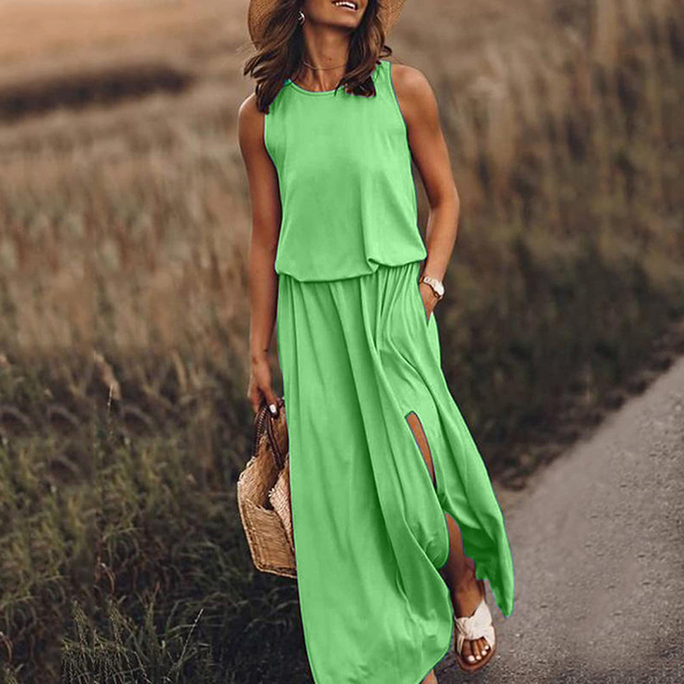 Women Casual Dresses Loose Slit Sleeveless Sundress Solid Color Crew Neck Long Dress Summer Beach A-Line Dress Plus Size S-4XL