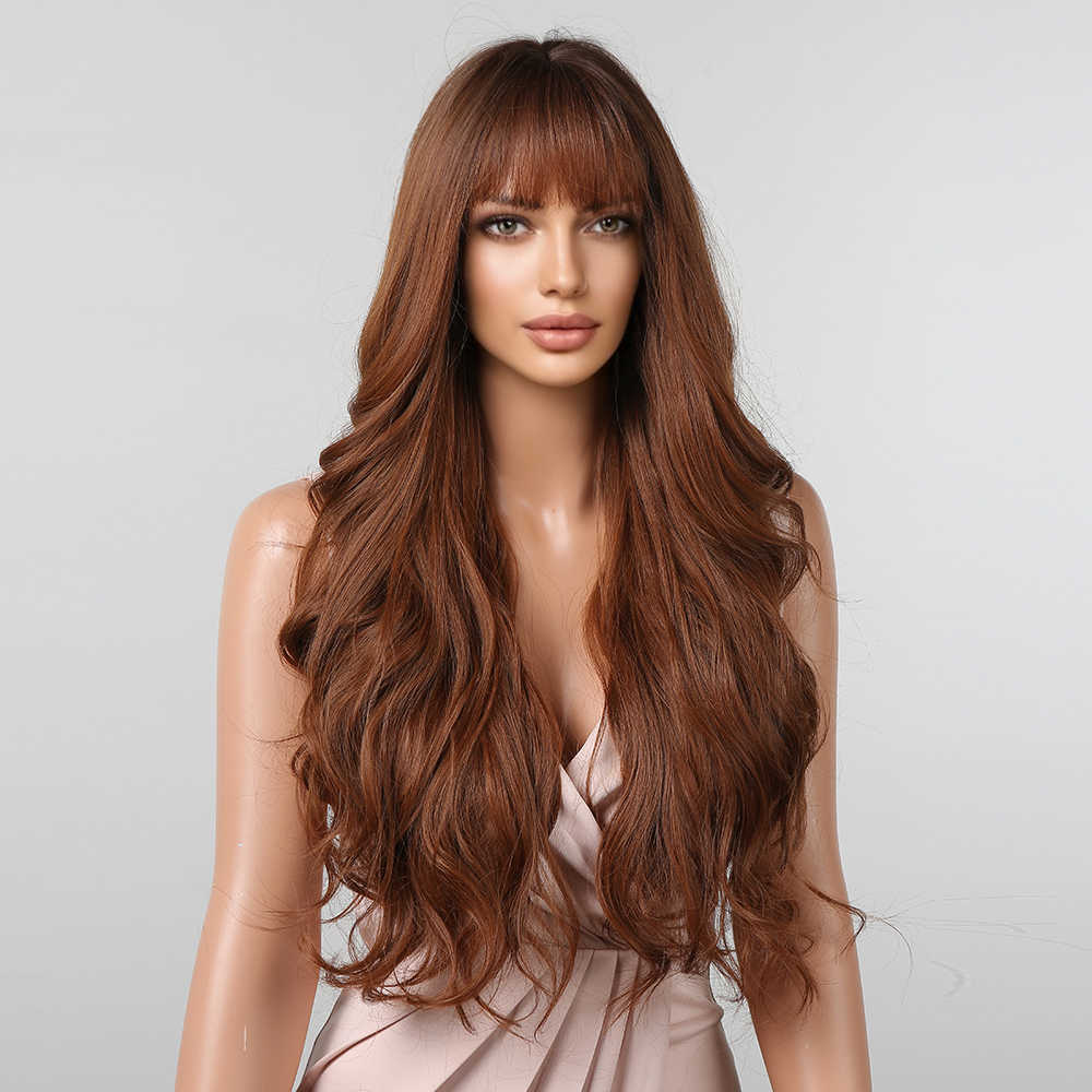 Synthetic Wigs Easihair Long Brown Ombre Synthetic Wigs Women Natural Wavy Dark Root Wig with Bangs Daily Cosplay Heat Resistant Fake Hair 230227