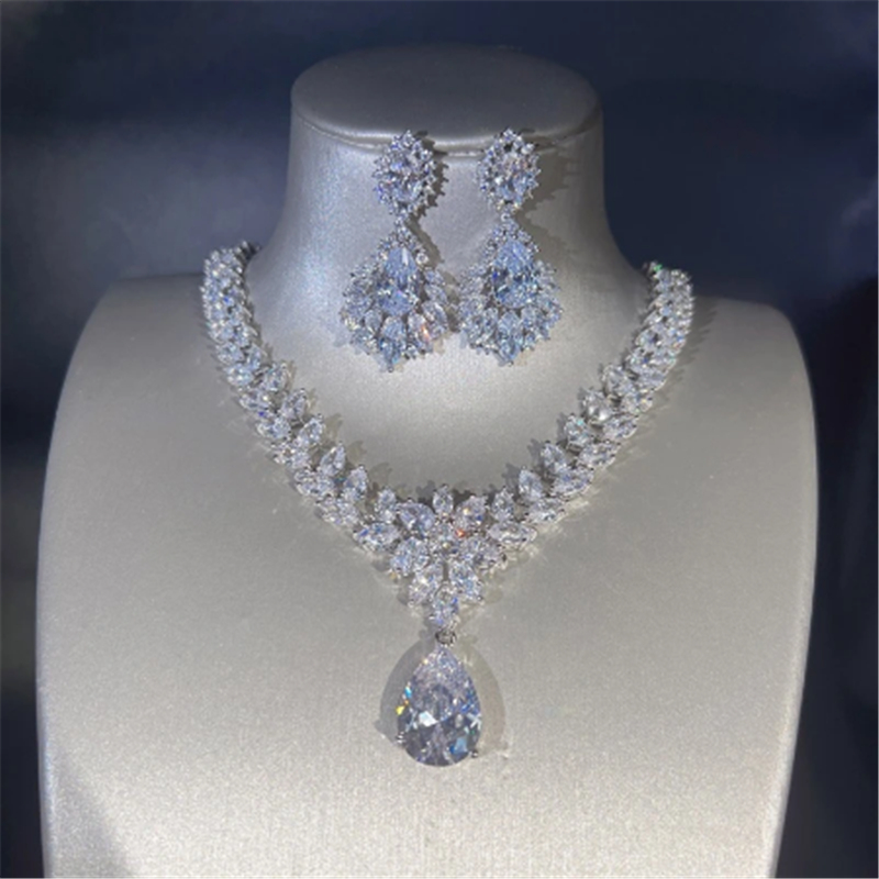 14K White Gold Lab Diamond Jewelry set Engagement Wedding Earrings Necklace For Women Bridal Promise Gift