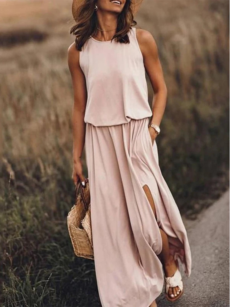 Women Casual Dresses Loose Slit Sleeveless Sundress Solid Color Crew Neck Long Dress Summer Beach A-Line Dress Plus Size S-4XL