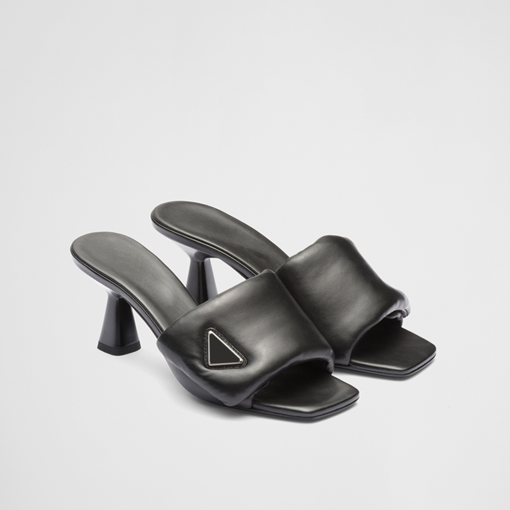 Designer morbido imbottito imbottito sandali cuscino cuscini sandali muli tacchi in pelle piatta estate sandali donne femminili di moda morbida logo triangolo dimensione 35-41