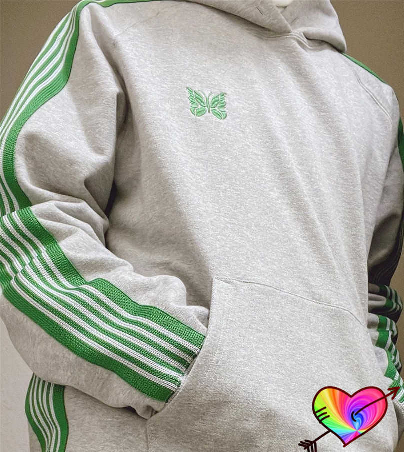 Moletom Com Capuz Masculino 2022 Agulhas Cinza Hoodie Homens Mulheres 1 1 Alta Qualidade Listra Verde Bordado Borboleta Agulhas Track Hoodie AWGE Moletons T230302