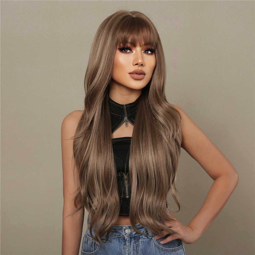 Synthetic Wigs Easihair Brown Ombre Long Wavy Synthetic Wigs with Highlight Natural Wig for Women Daily Cosplay Bangs Heat Resistant 230227