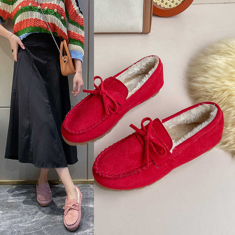 Klänningskor Vinterskor Kvinnor Flatskor Casual Fur Loafers glider på kvinnors ko Suede Flats Shoes Moccasins Lady Butterfly-Knot Storlek 35-43 L230302