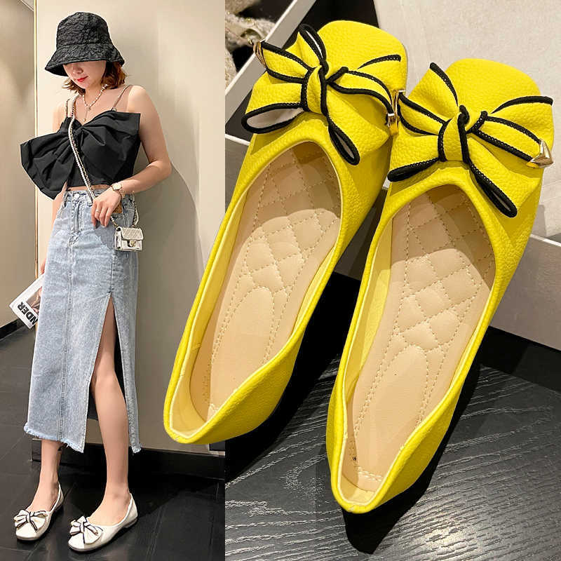 Chaussures habillées New Fall Flat Bottom Soft Bottom Chaussures pour femmes confortables Le Fou Chaussures Yellow Bow Tie Flat Shoes Ladies Hundred Casual Shoes L230302