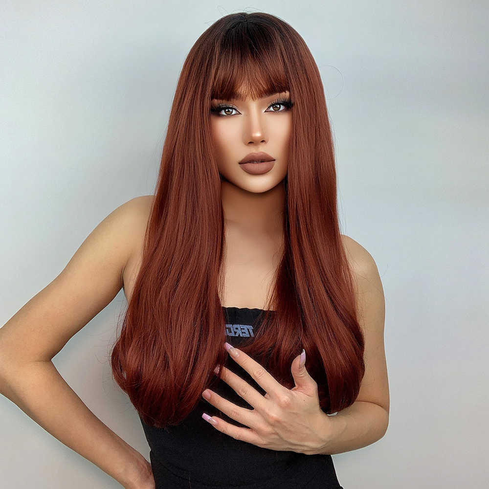 Synthetic Wigs Easihair Brown Red Long Wavy Ombre Synthetic Wigs with Bangs Natural Hair for Women Cosplay Halloween Heat Resistant 230227