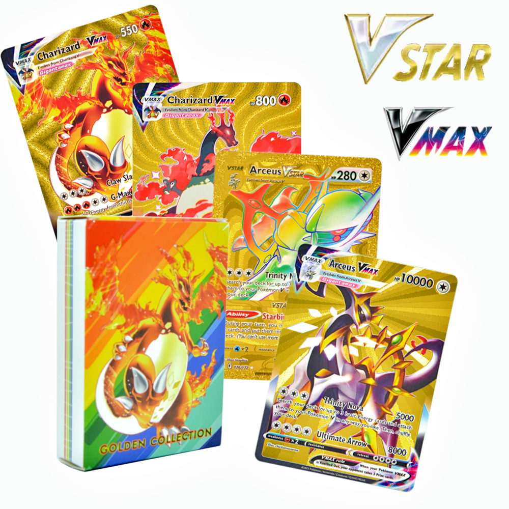 Gold Pokemon Game Cards VSTAR VMAX GX EX DX ZELDIGE KAARTEN 55PCS GOUD FOL -KAART GEVOLUDERD TCG Deck Box