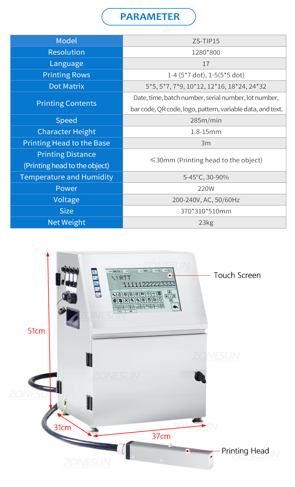 ZONESUN Tabletop Inkjet Printer Coding Machine 15mm QR Barcode Batch Expiry Date Serial Number Logo Image 285m/min ZS-TIP15