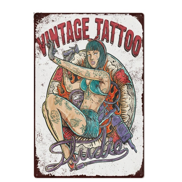 vintage Tattoo art painting Metal Poster Metal Sign bar pub Tatoo Shop Decor Decorative Iron Plate Wall personalized Decoration Shabby Chic Tin Sign Size 30X20CM w02