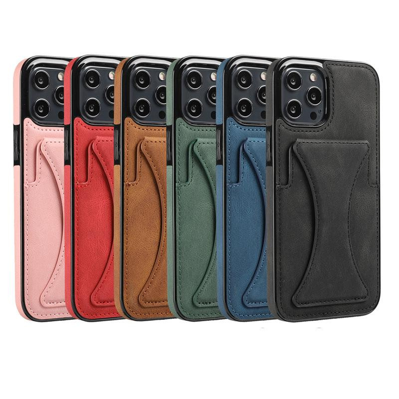 PU Lederen Wallet Card Slot Holder Back Case voor iPhone 14 13 11 12 Mini Pro Card Pocket Holster Bracket XR Anti-Fall Phone Protective Cover