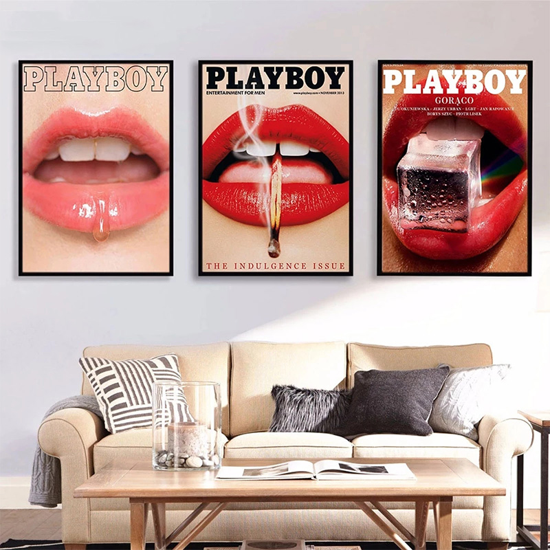 HISIMPLE Lienzo Pintura Revista Flores Mariposas Conejitos Labios Rojos Sexy lady Modern Poster Prints Wall Picture Man cave Art Home Room Decor Frameless