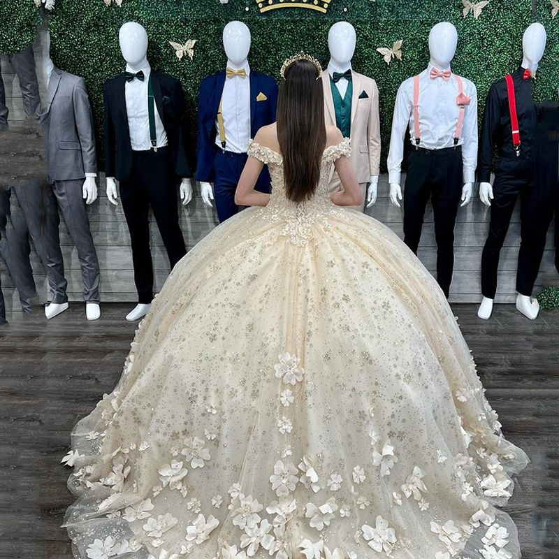 Işıltılı tül şampanya kapalı omuz quinceanera elbiseler 3d çiçek prenses balo elbisesi vestido de 15 anos tatlı 16 elbise gala