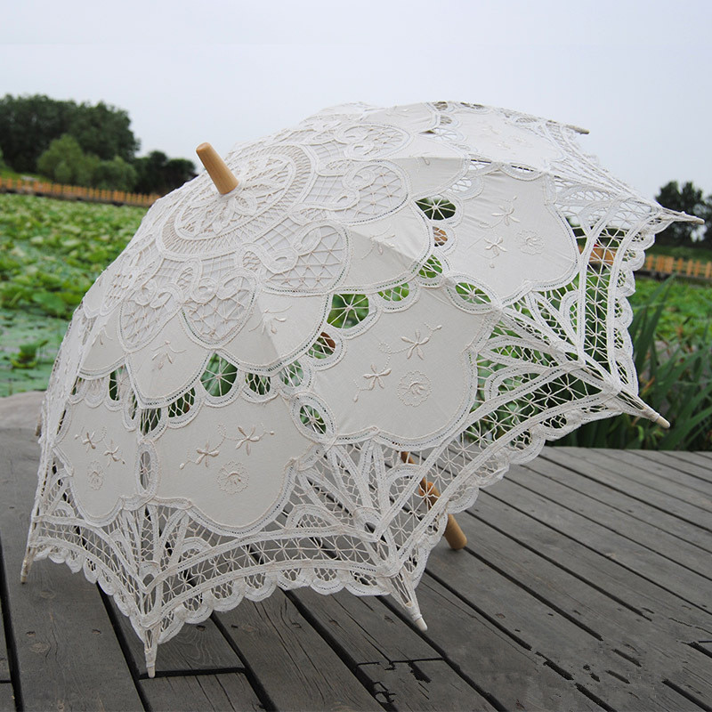 New Fans & Parasols Sun Umbrella Cotton Embroidery Bridal Umbrella White Ivory Lace Parasol Umbrella Decorative umbrella for wedding