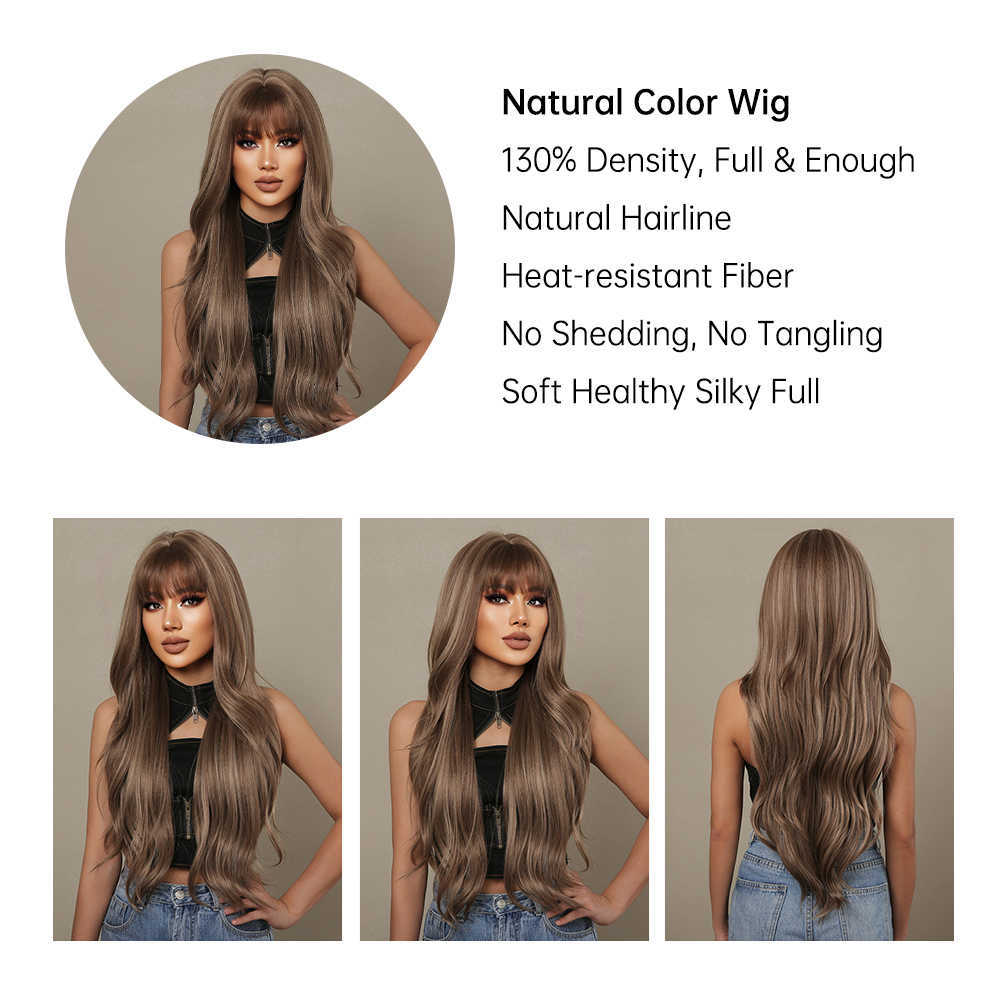 Synthetic Wigs Easihair Brown Ombre Long Wavy Synthetic Wigs with Highlight Natural Wig for Women Daily Cosplay Bangs Heat Resistant 230227