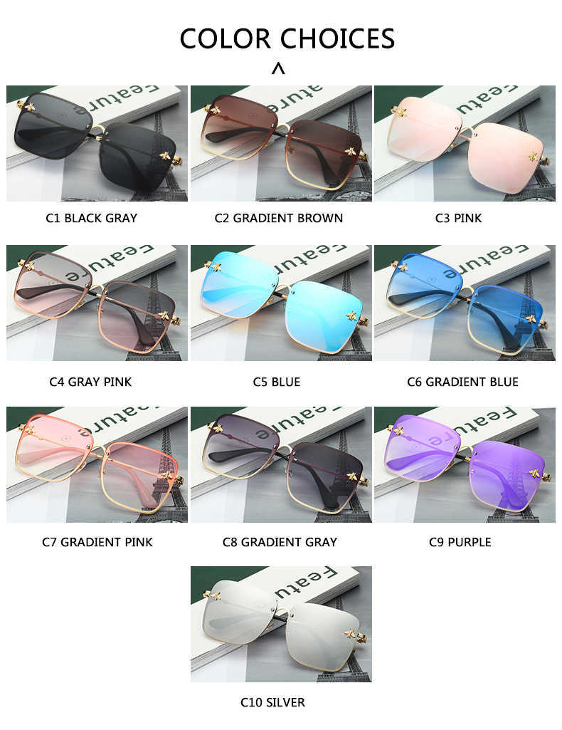 2022 New Fashion Lady Oversize Rimless Square Bee Solglasögon Kvinnor Män små glas Gradient Sun Glasögon Kvinna UV400261T