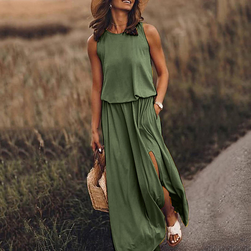 Women Casual Dresses Loose Slit Sleeveless Sundress Solid Color Crew Neck Long Dress Summer Beach A-Line Dress Plus Size S-4XL