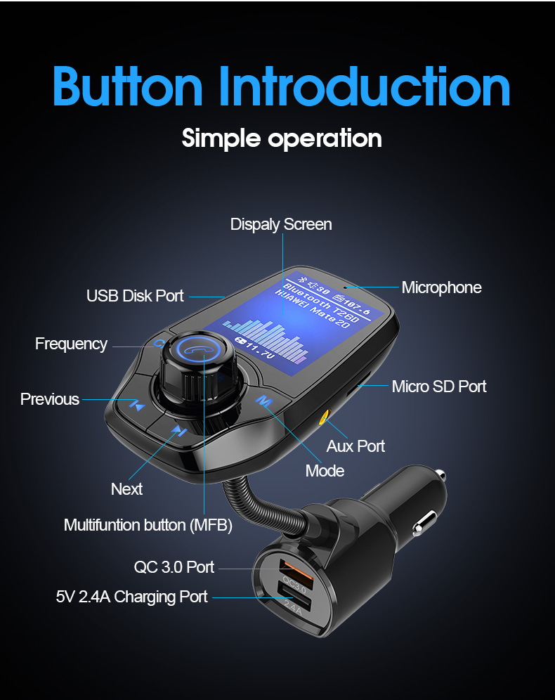 Bluetooth-mobiltelefon FM-sändare Trådlös radioadapterpaket Display Handsfree Call AUX in/Out SD/TF Card USB Charger QC3.0 Audio Spelare T26D Bil Kit