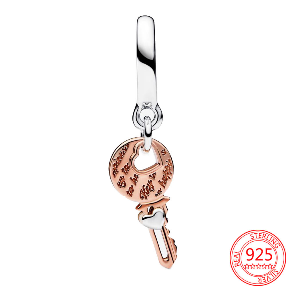 Der neue beliebte S925 Sterling Silber Two Color Key Sliding Heart Suspension Charm ist für Pandora Armband Halskette Halskette geeignet