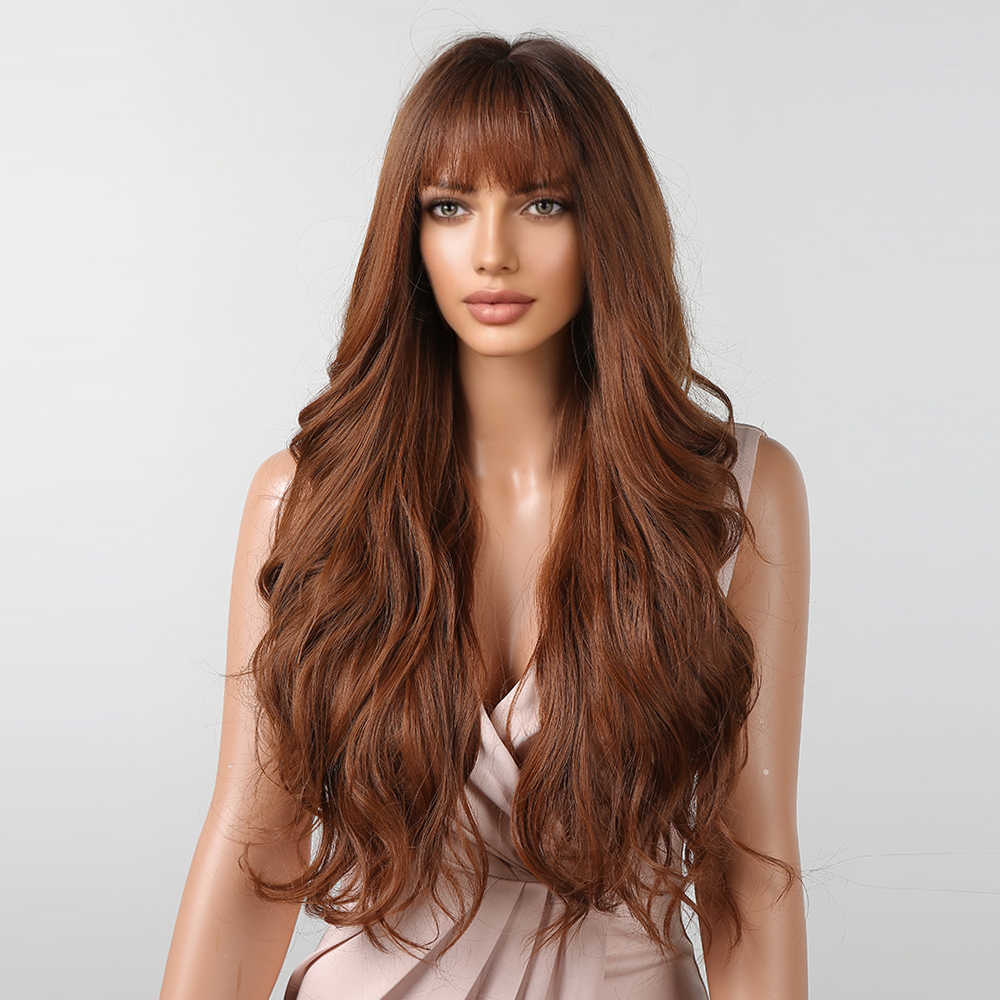 Synthetic Wigs Easihair Long Brown Ombre Synthetic Wigs Women Natural Wavy Dark Root Wig with Bangs Daily Cosplay Heat Resistant Fake Hair 230227