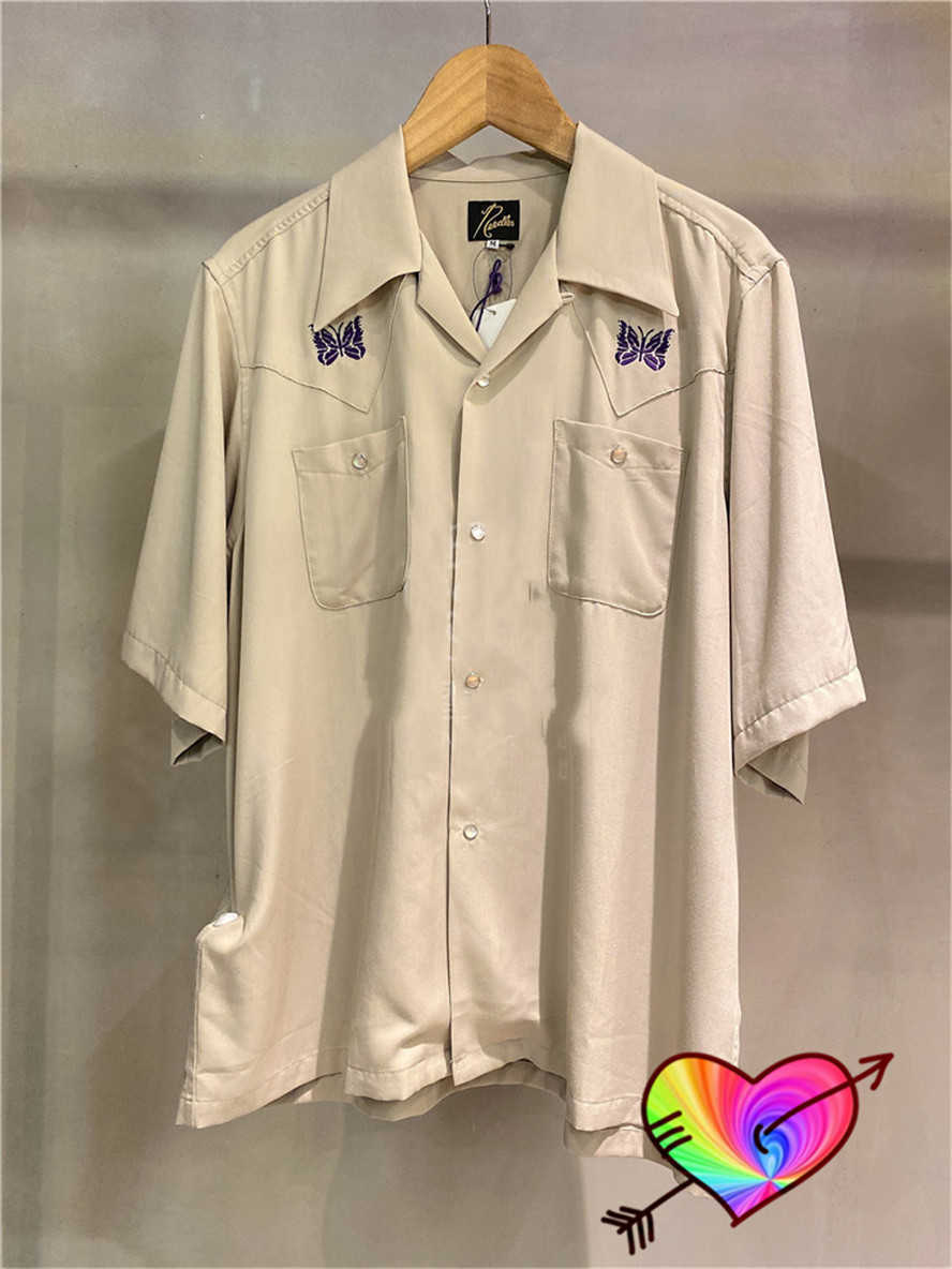 Men's Casual Shirts 2022 Needles Shirt Men Women Embroidered Butterfly 1 1 Needles AWGE Pockets Shirts Loose Fit Casual Button Blouse T230302