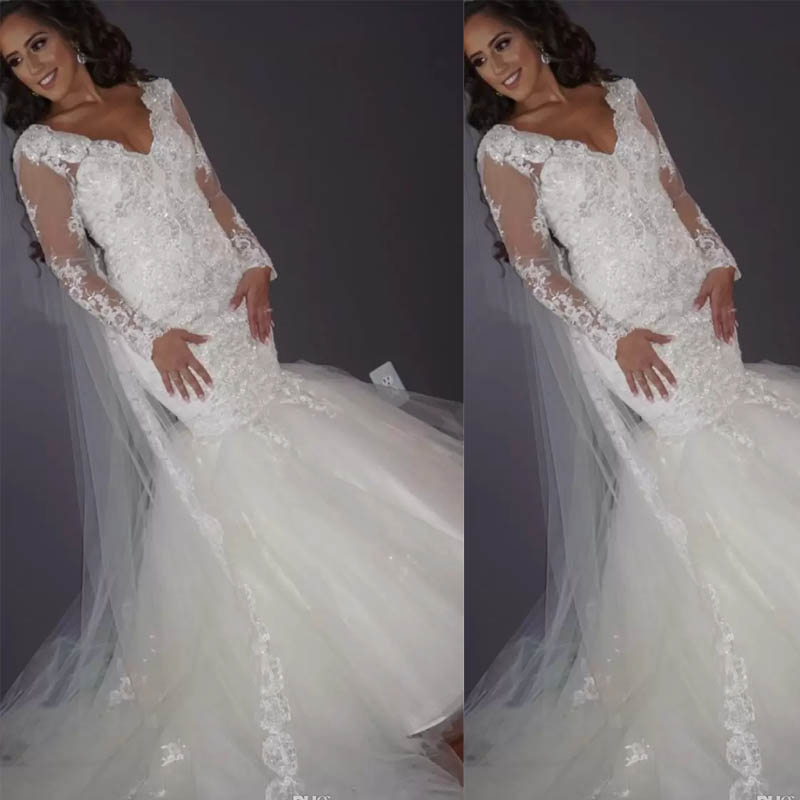 New Arrival Smiple Lace Elegant Boutique Mermaid Wedding Dress Illusion See Through Long Sleeve Bridal Gown V Neck Beaded Mermaid Weddings