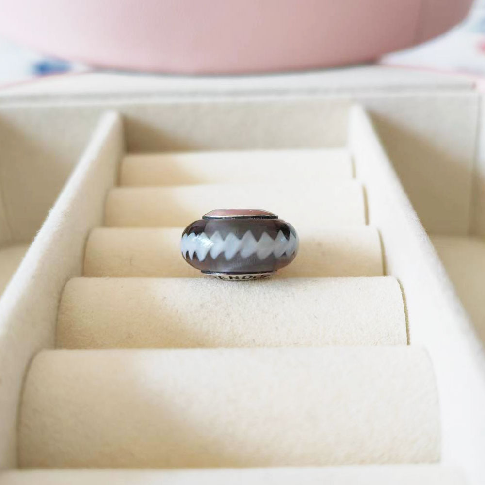 925 Sterling Silver Glass Murano Black Zigzag Beads Fit Pandora Charm Jewelry Bracelets Netclaces