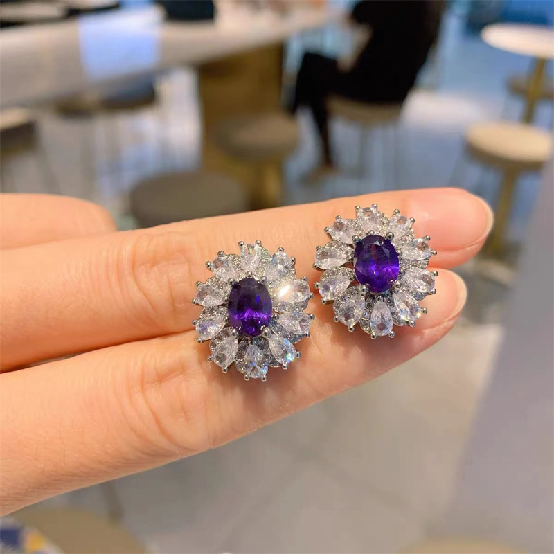 Flower Amethyst Diamond Jewelry set 925 Sterling Silver Engagement Wedding Rings Earrings Necklace For Women Promise Jewelry