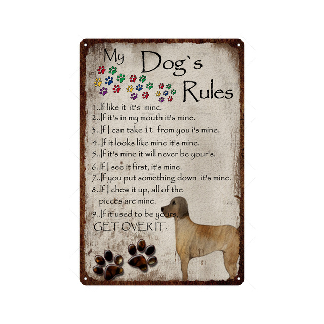 Regras de cão REGRAS VINTAGEIRA TIN SIGN PET REGRA DE METAL SIGN PLACA DOLENCIAL Decoração de parede da parede da sala de estar Man Cave Cafe Farm Decoração Home Decoração Personalizada Torda de Lata Tamanho 30x20 W01