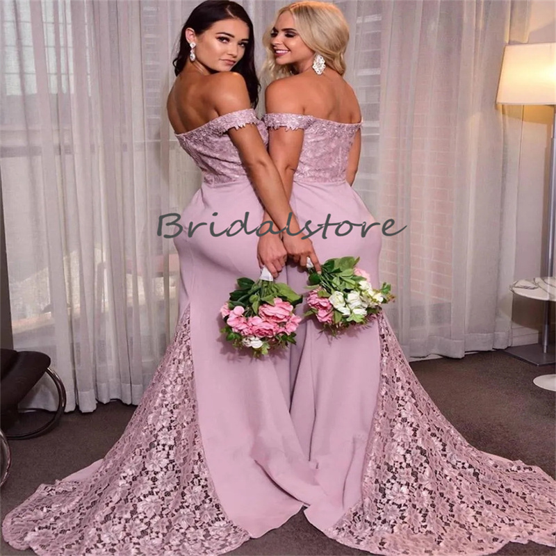 Vestido elegante de dama de honra de sereia 2023 ombros rosa Offs cetim Cetim Lace Of Honor Vestres de casamento longo Vestido de festa de festa Mulheres de tamanho formal de baile de formatura